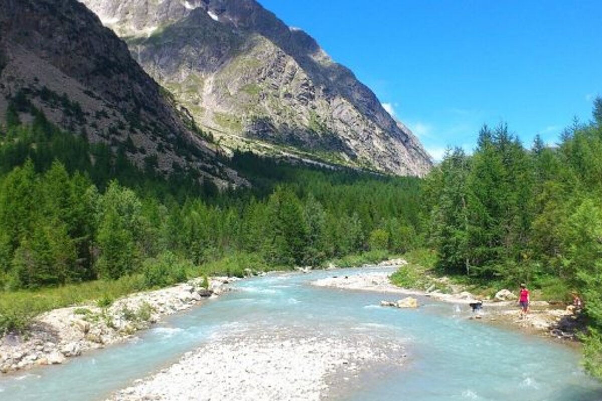 An image of a river in Val Ferret in the summer in Courmayeur Monte Bianco
