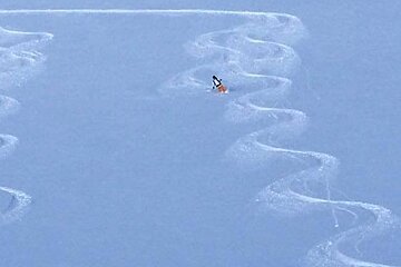 Man skiing powder blue skies