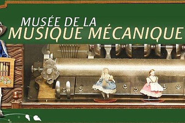 image of old musical instruments drawn on with 2 alpine doll like girls at the front, a boy at the right hand side carrying an instrument, with the logo at the top