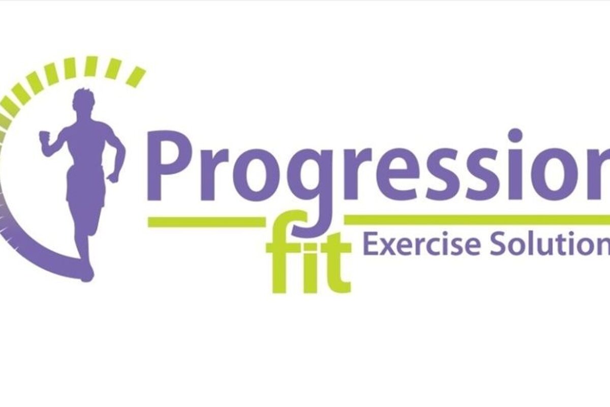 A purple and green logo for progress fit exercise solutions