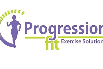 A purple and green logo for progress fit exercise solutions