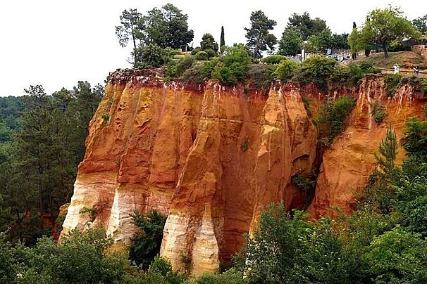 image of some red cliffs with trees at the base and on top of the cliff