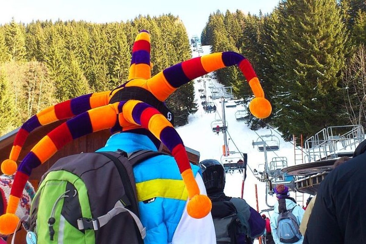 An image of a skier wearing a funny hat near Chamonix Mont Blanc
