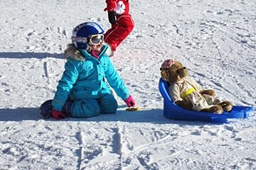 an image of a child with a teddy bear in a sledge