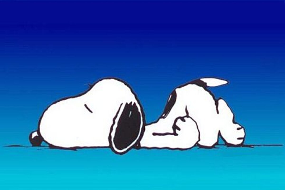 Snoopy is sleeping on the ground on a blue background