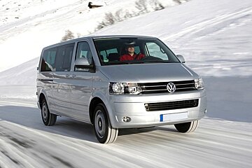 an image of a vw caravelle minibus travelling on snow