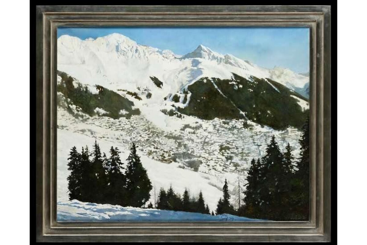 A painting of a snowy mountain range with trees in the foreground