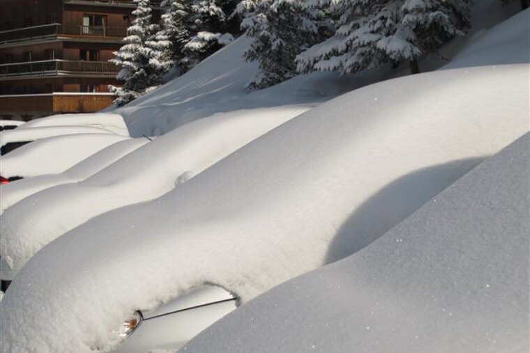 A row of cars covered in snow with a building in the background