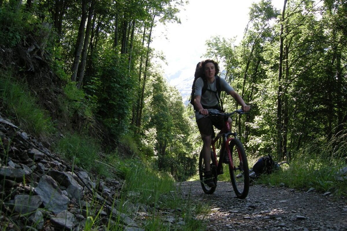 A person riding a bike on a dirt road in the woods