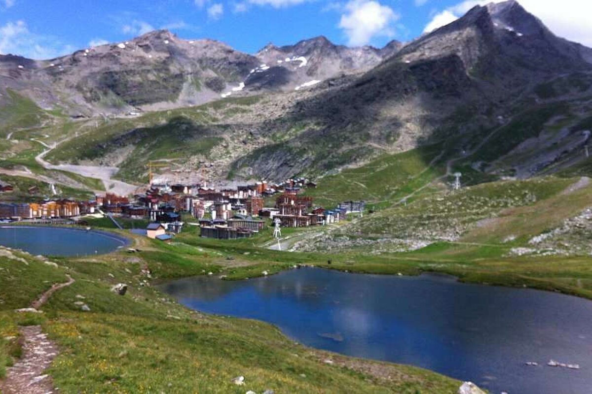 an image of a grass covered walk with mountains in the background
