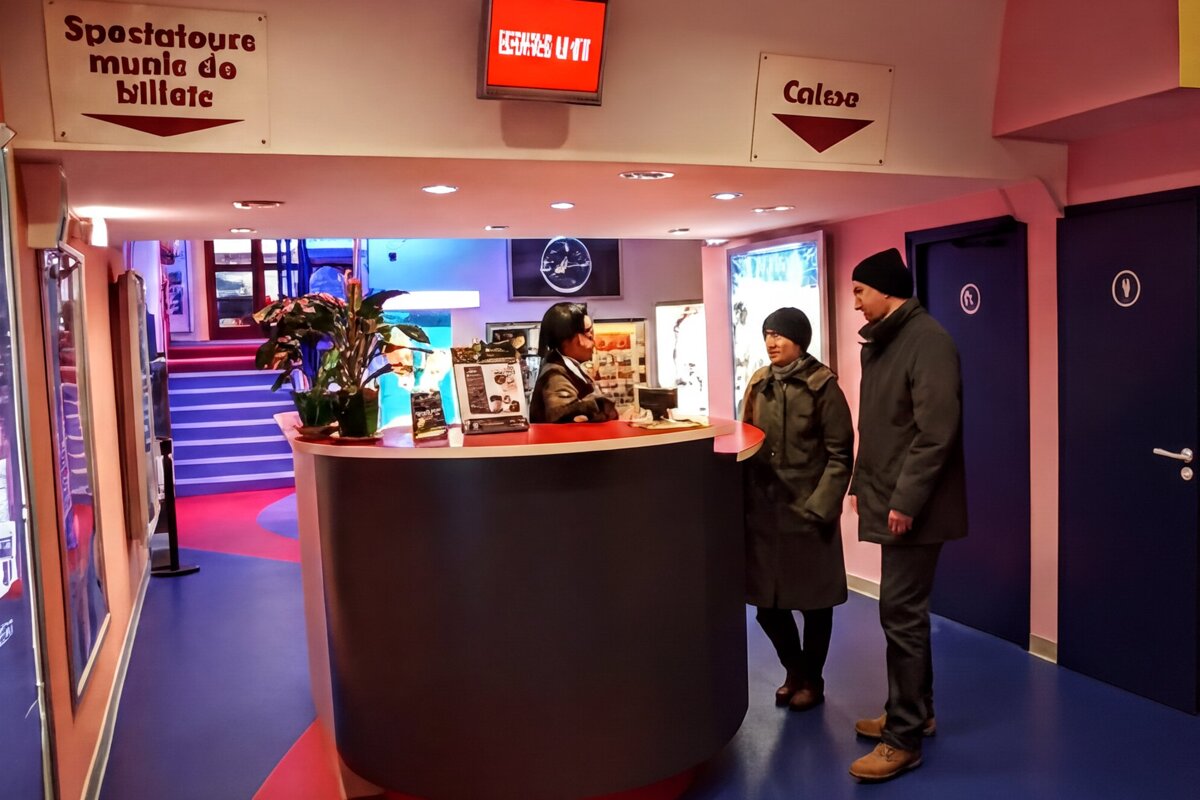 Two people in winter clothes talk to a receptionist behind a curved counter in a colorful ticket lobby.