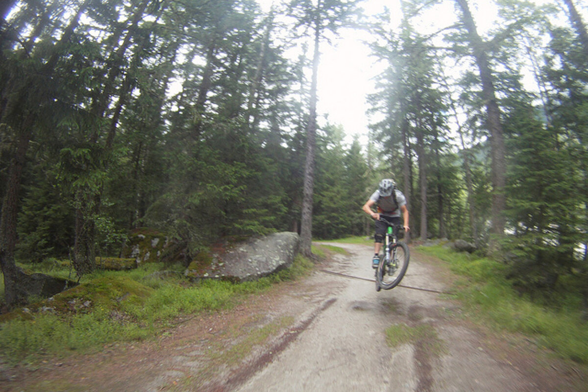 A person riding a bike on a dirt road in the woods