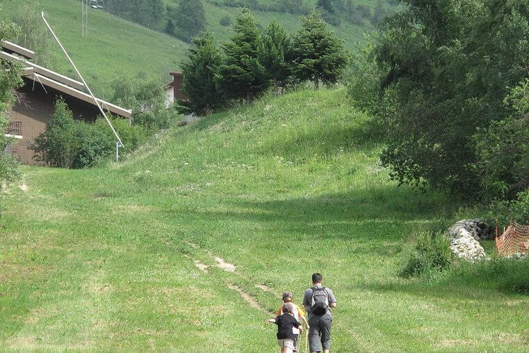 A man and two children are walking down a grassy hill