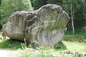 A large rock in the middle of a grassy field