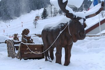 Wooden moose pulling sleigh in snow