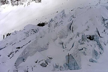 A snowy mountain covered in ice and rocks