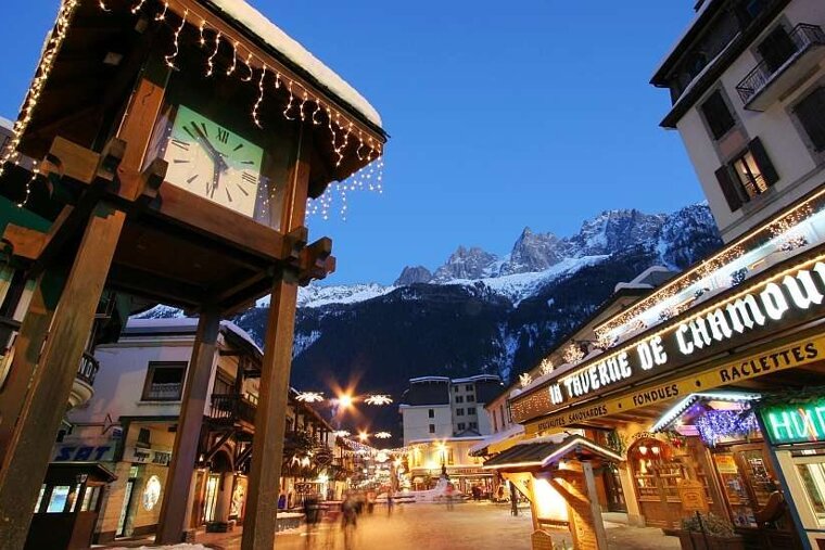 An image of Chamonix lit up with Christmas decorations