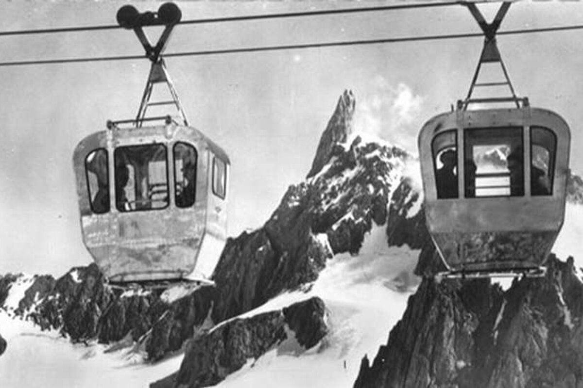An image from the 1960's of the original Aiguille du Midi cable cars, Chamonix Mont Blanc