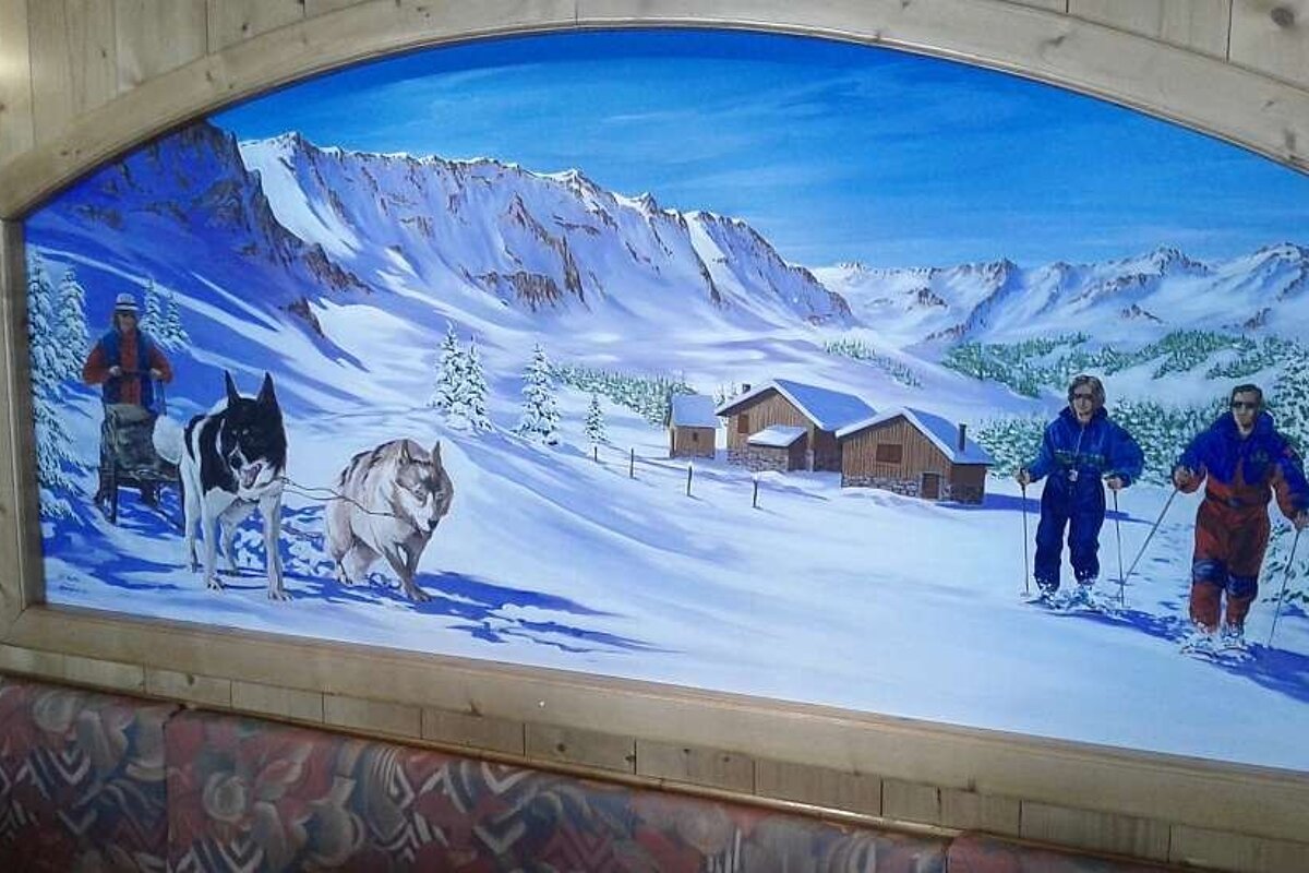 A painting of people skiing in the snow