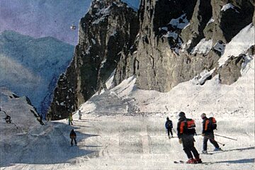 People skiing down a snowy mountain with a ski lift in the background