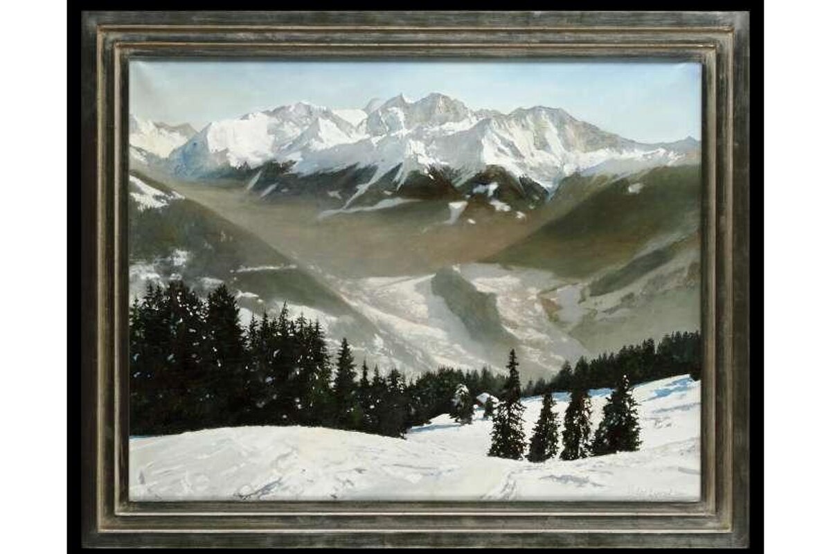 A painting of a snowy mountain range with trees in the foreground