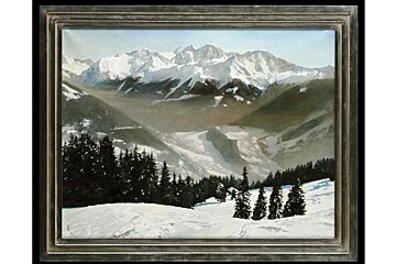 A painting of a snowy mountain range with trees in the foreground