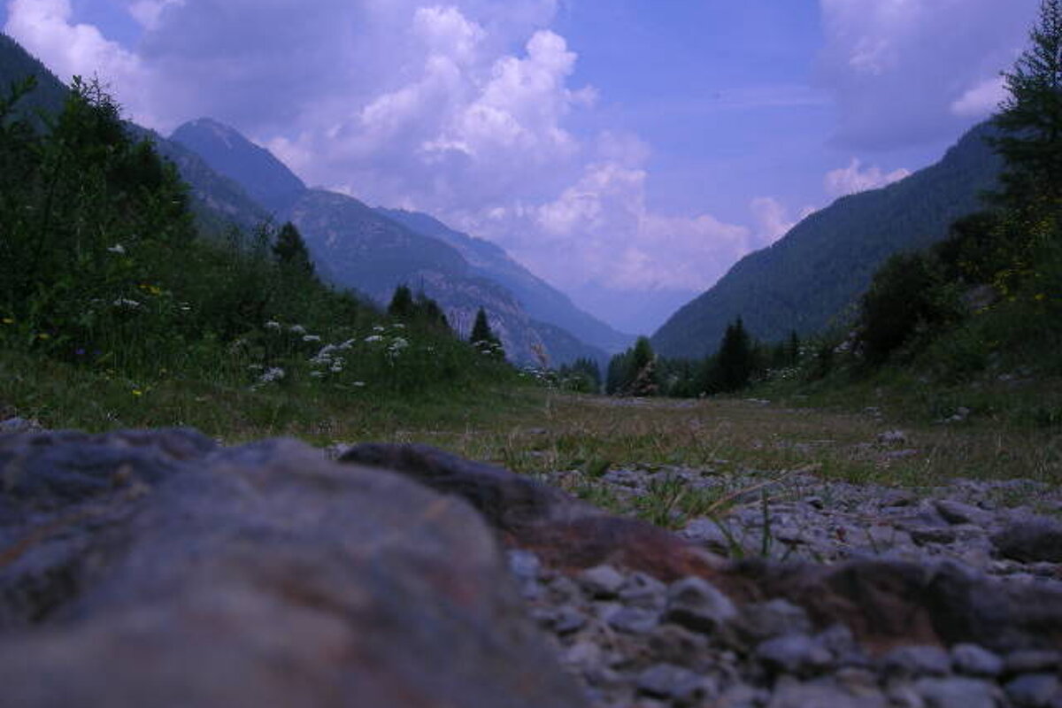 A valley with mountains in the background and a rock in the foreground