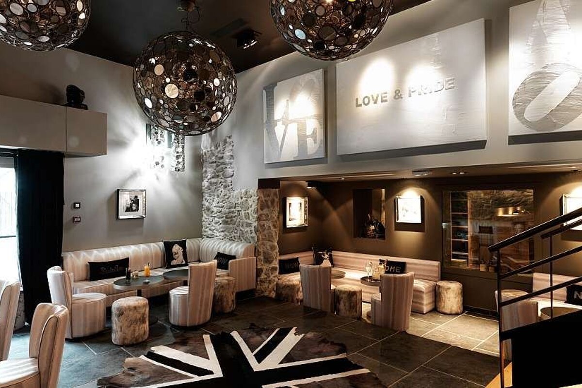 an image of a large bar area with a union flag rug printed on cow hide