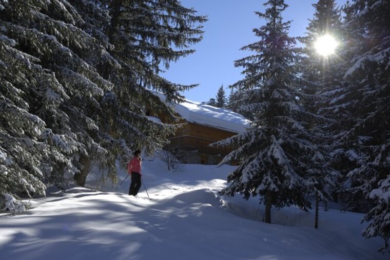 A woman in a pink jacket is skiing in the snow