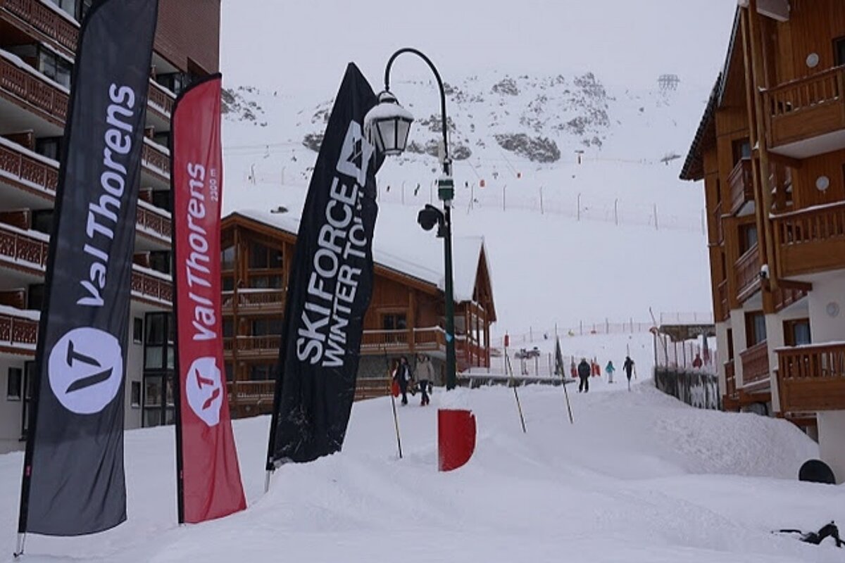 Val Thorens banners in snowy street