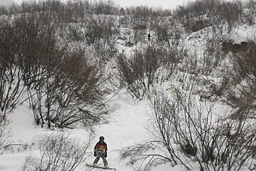 A person skiing down a snowy hill with trees in the background