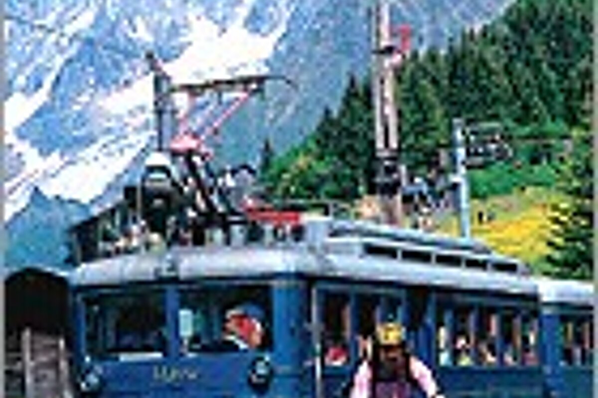 A person is riding a bike in front of a train with a mountain in the background