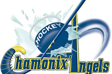 The logo for the chamonix angels hockey team shows a hockey puck and a hockey stick