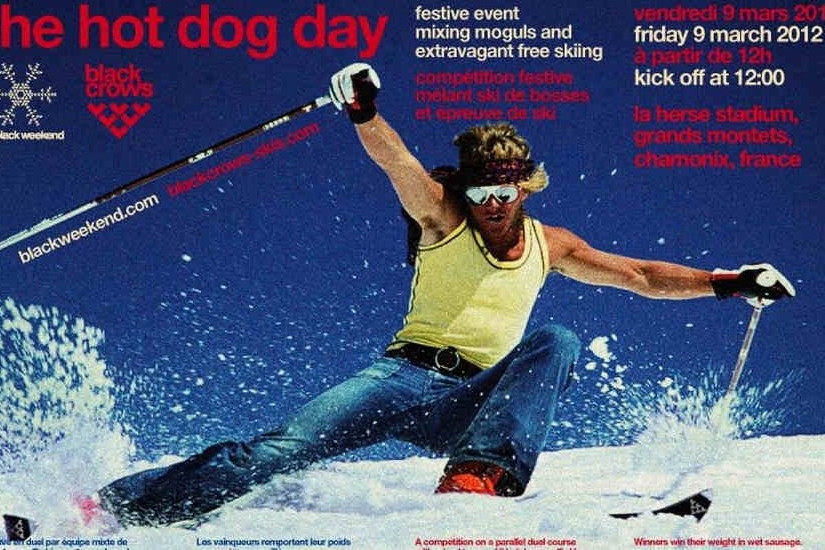 An image of a skier wearing retro clothes on a poster for the Black Weekend Chamonix