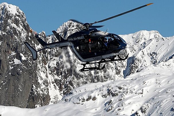 An image of a mountain rescue helicopter in Chamonix Mont Blanc