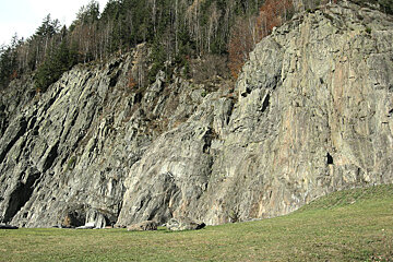 A large rock wall with trees in the background