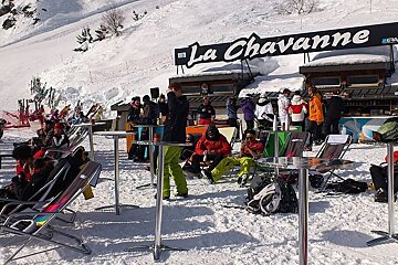 An image of skiers at a mountain cafe bar in Chamonix Mont Blanc