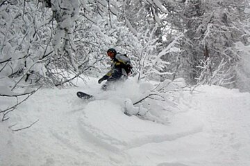 A person riding a snowboard through a snowy forest