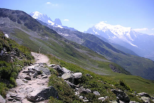 A path in the mountains with mountains in the background