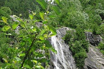 A waterfall is surrounded by trees and rocks