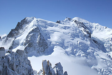A snowy mountain with a blue sky in the background
