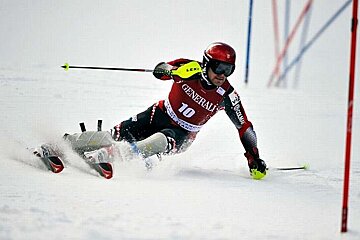 An image of a slalom ski racer at the Kandahar Men's Alpine Skiing World Cup in Les Houches Chamonix Mont Blanc