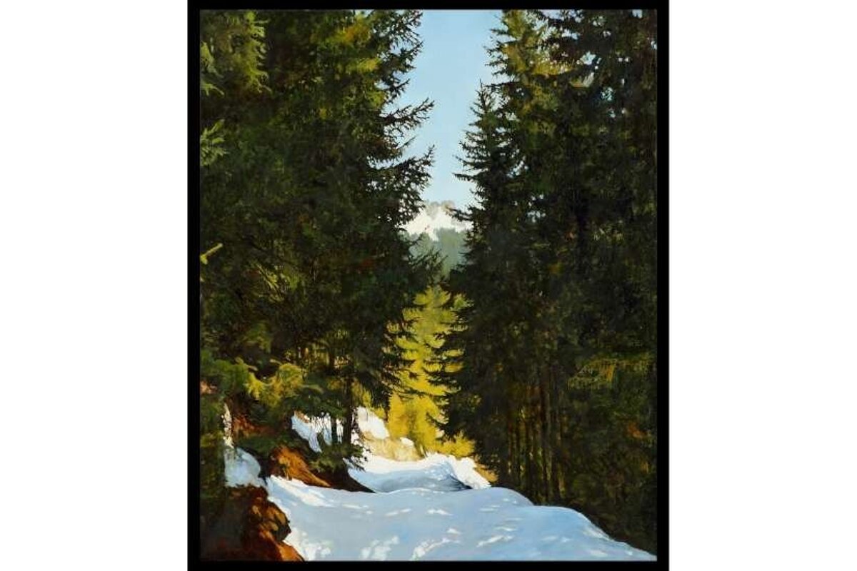 A painting of a snowy forest with a mountain in the background