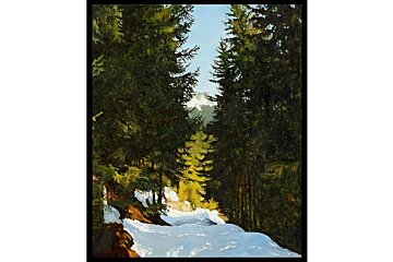 A painting of a snowy forest with a mountain in the background