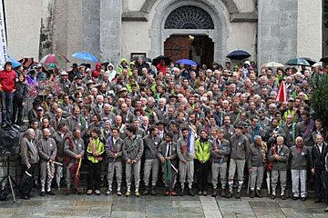 An image of Chamonix Mountain Guides Compagnie des Guides in front of the Chamonix Church Eglise St Michel for the Fete des Guides, annual event in August