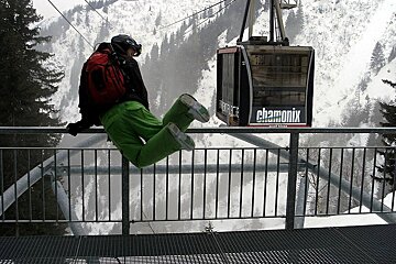 A ski lift with the word chamonix on the side