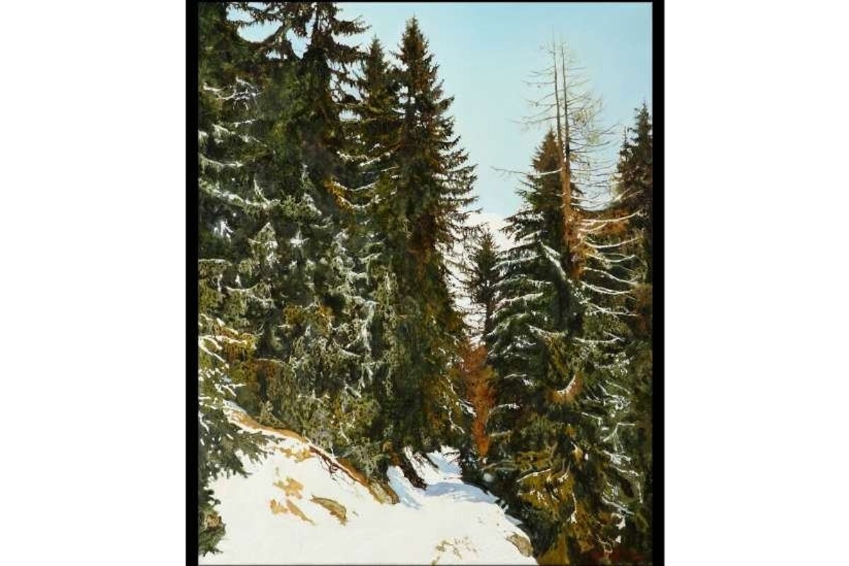 A painting of a snowy forest with trees covered in snow