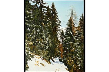 A painting of a snowy forest with trees covered in snow