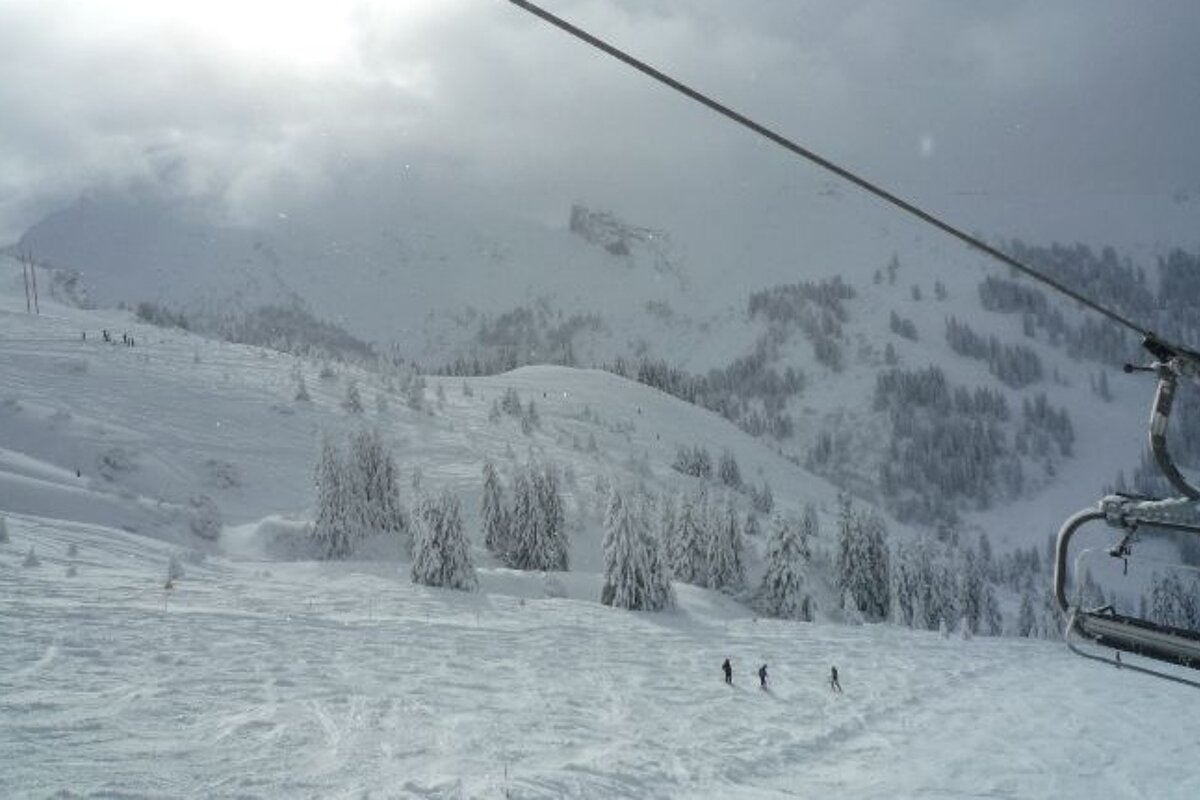 Skiers are going down a snow covered slope with a chair that says ' salomon ' on it