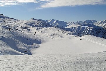 Views from piste across snow covered mountains